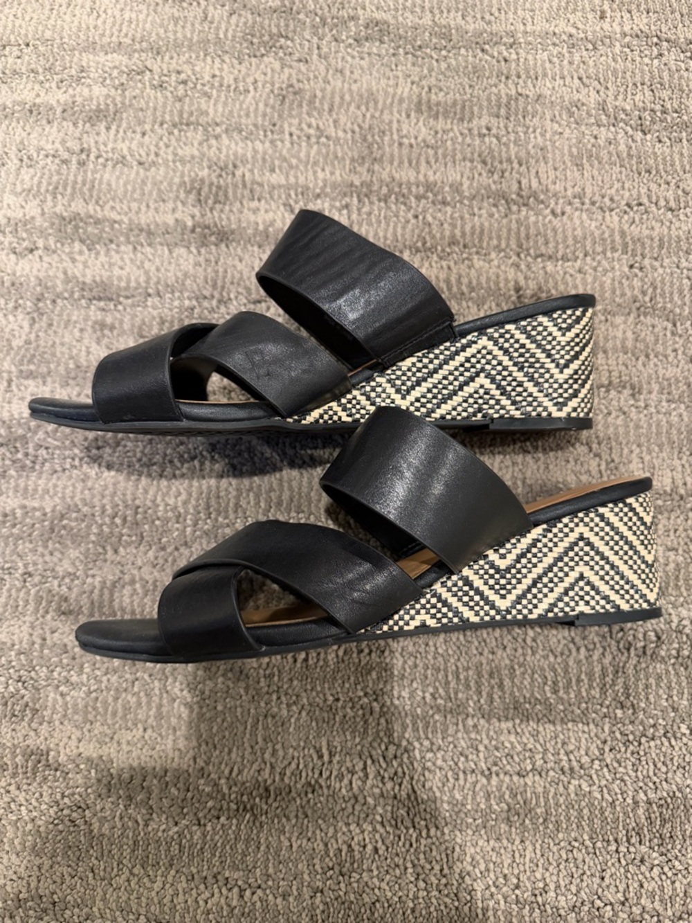 Black Wedge Slide Sandals with Patterned Raffia Heel